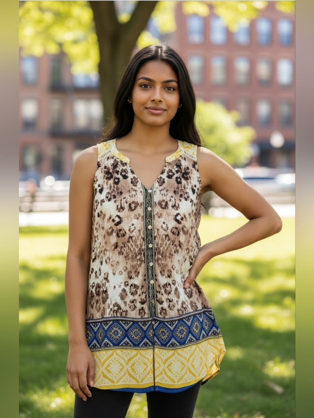 FIG & FLOWER Women Size M Multicolor Sleeveless Button Front Tunic Blouse